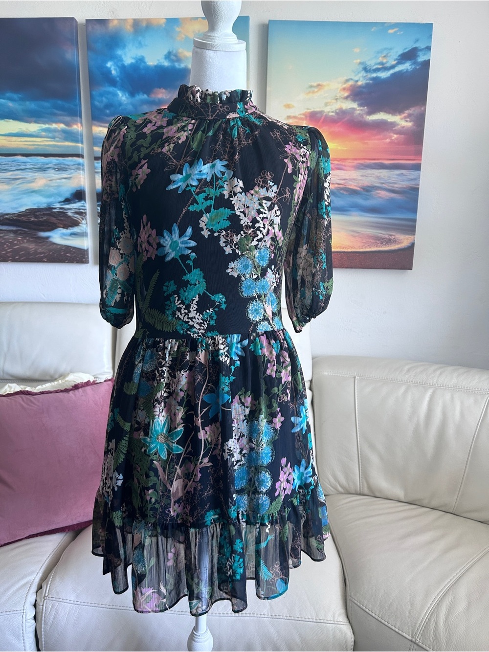Maison Tara Black Mini Dress with Teal & Pink Floral Print